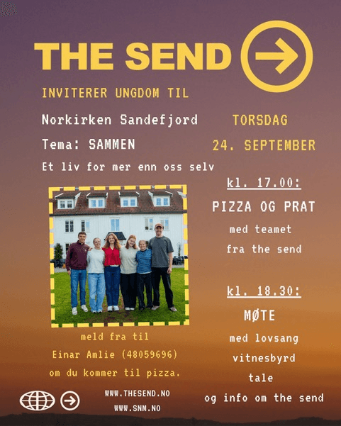 Plakat: The Send inviterer ungdom til Norkirken Sandefjord torsdag 24. september